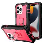 For iPhone 13 Pro PC + Rubber 3-layers Shockproof Protective Case with Rotating Holder (Black + Rose Red)