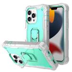 For iPhone 13 Pro PC + Rubber 3-layers Shockproof Protective Case with Rotating Holder (Grey White + Mint Green)
