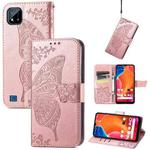 Butterfly Love Flowers Embossed Horizontal Flip Leather Case with Holder & Card Slots & Wallet & Lanyard For OPPO Realme C20(Rose Gold)