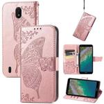 Butterfly Love Flowers Embossed Horizontal Flip Leather Case with Holder & Card Slots & Wallet & Lanyard For Nokia C01 Plus(Rose Gold)