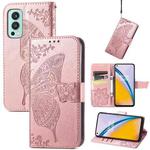Butterfly Love Flowers Embossed Horizontal Flip Leather Case with Holder & Card Slots & Wallet & Lanyard For OnePlus Nord 2 5G(Rose Gold)