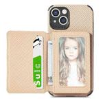 Carbon Fiber Magnetic Card Bag TPU+PU Shockproof Back Cover Case with Holder & Card Slot & Photo Frame For iPhone 13(Khaki)