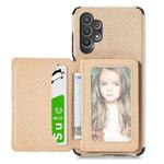 For Samsung Galaxy A32 5G Carbon Fiber Magnetic Card Bag TPU+PU Shockproof Back Cover Case with Holder & Card Slot & Photo Frame(Khaki)