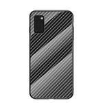 For Samsung Galaxy A41 International Version Gradient Carbon Fiber Texture TPU Border Tempered Glass Case(Black Fiber)