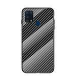 For Samsung Galaxy M31 Gradient Carbon Fiber Texture TPU Border Tempered Glass Case(Black Fiber)