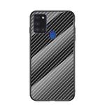 For Samsung Galaxy A21s Gradient Carbon Fiber Texture TPU Border Tempered Glass Case(Black Fiber)