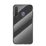 For Samsung Galaxy A21 Gradient Carbon Fiber Texture TPU Border Tempered Glass Case(Black Fiber)