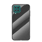 For Samsung Galaxy F62 Gradient Carbon Fiber Texture TPU Border Tempered Glass Case(Black Fiber)