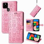 For Google Pixel 5a 5G Lovely Cat and Dog Embossing Pattern Horizontal Flip Leather Case , with Holder & Card Slots & Wallet & Cartoon Clasp & Lanyard(Pink)
