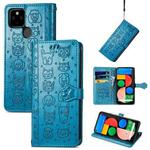 For Google Pixel 5a 5G Lovely Cat and Dog Embossing Pattern Horizontal Flip Leather Case , with Holder & Card Slots & Wallet & Cartoon Clasp & Lanyard(Blue)