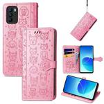 For OPPO Reno6 Z Lovely Cat and Dog Embossing Pattern Horizontal Flip Leather Case , with Holder & Card Slots & Wallet & Cartoon Clasp & Lanyard(Pink)