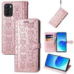 For OPPO Reno6 Z Lovely Cat and Dog Embossing Pattern Horizontal Flip Leather Case , with Holder & Card Slots & Wallet & Cartoon Clasp & Lanyard(Rose Gold)