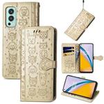 For OnePlus Nord 2 5G Lovely Cat and Dog Embossing Pattern Horizontal Flip Leather Case , with Holder & Card Slots & Wallet & Cartoon Clasp & Lanyard(Gold)