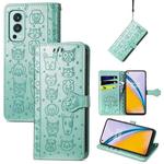 For OnePlus Nord 2 5G Lovely Cat and Dog Embossing Pattern Horizontal Flip Leather Case , with Holder & Card Slots & Wallet & Cartoon Clasp & Lanyard(Green)
