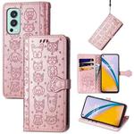 For OnePlus Nord 2 5G Lovely Cat and Dog Embossing Pattern Horizontal Flip Leather Case , with Holder & Card Slots & Wallet & Cartoon Clasp & Lanyard(Rose Gold)