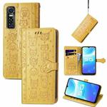 For Vivo S7e 5G Lovely Cat and Dog Embossing Pattern Horizontal Flip Leather Case , with Holder & Card Slots & Wallet & Cartoon Clasp & Lanyard(Yellow)