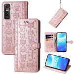 For Vivo S7e 5G Lovely Cat and Dog Embossing Pattern Horizontal Flip Leather Case , with Holder & Card Slots & Wallet & Cartoon Clasp & Lanyard(Rose Gold)
