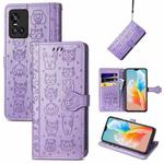 For Vivo S10 Lovely Cat and Dog Embossing Pattern Horizontal Flip Leather Case , with Holder & Card Slots & Wallet & Cartoon Clasp & Lanyard(Purple)