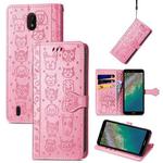 For Nokia C01 Plus Lovely Cat and Dog Embossing Pattern Horizontal Flip Leather Case , with Holder & Card Slots & Wallet & Cartoon Clasp & Lanyard(Pink)