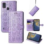 For ZTE A51 Lovely Cat and Dog Embossing Pattern Horizontal Flip Leather Case , with Holder & Card Slots & Wallet & Cartoon Clasp & Lanyard(Purple)