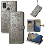 For ZTE A51 Lovely Cat and Dog Embossing Pattern Horizontal Flip Leather Case , with Holder & Card Slots & Wallet & Cartoon Clasp & Lanyard(Grey)