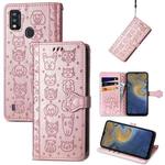 For ZTE A51 Lovely Cat and Dog Embossing Pattern Horizontal Flip Leather Case , with Holder & Card Slots & Wallet & Cartoon Clasp & Lanyard(Rose Gold)