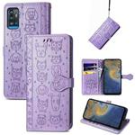 For ZTE A71 Lovely Cat and Dog Embossing Pattern Horizontal Flip Leather Case , with Holder & Card Slots & Wallet & Cartoon Clasp & Lanyard(Purple)