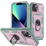 For iPhone 13 mini Sliding Camera Cover Design TPU + PC Protective Case with 360 Degree Rotating Holder & Card Slot (Grey Green+Pink)