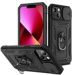 For iPhone 13 Sliding Camera Cover Design TPU + PC Protective Case with 360 Degree Rotating Holder & Card Slot(Black+Black)