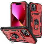 For iPhone 13 Sliding Camera Cover Design TPU + PC Protective Case with 360 Degree Rotating Holder & Card Slot(Red+Black)