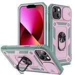 For iPhone 13 Sliding Camera Cover Design TPU + PC Protective Case with 360 Degree Rotating Holder & Card Slot(Grey Green+Pink)