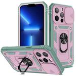 For iPhone 13 Pro Sliding Camera Cover Design TPU + PC Protective Case with 360 Degree Rotating Holder & Card Slot (Grey Green+Pink)