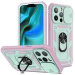 For iPhone 13 Pro Max Sliding Camera Cover Design TPU + PC Protective Case with 360 Degree Rotating Holder & Card Slot (Pink+Green)