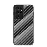 For Samsung Galaxy S21 Ultra 5G Gradient Carbon Fiber Texture TPU Border Tempered Glass Case(Black Fiber)