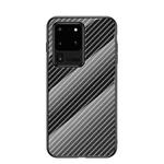 For Samsung Galaxy S20 Ultra Gradient Carbon Fiber Texture TPU Border Tempered Glass Case(Black Fiber)