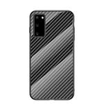 For Samsung Galaxy S20 Gradient Carbon Fiber Texture TPU Border Tempered Glass Case(Black Fiber)