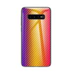 For Samsung Galaxy S10+ Gradient Carbon Fiber Texture TPU Border Tempered Glass Case(Gold Fiber)