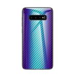 For Samsung Galaxy S10+ Gradient Carbon Fiber Texture TPU Border Tempered Glass Case(Blue Fiber)