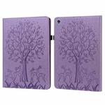 For Huawei MediaPad M5 lite Tree & Deer Pattern Pressed Printing Horizontal Flip PU Leather Case with Holder & Card Slots(Purple)