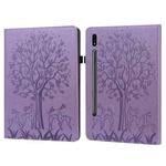 For Samsung Galaxy Tab S8 / Galaxy Tab S7 SM-T870 Tree & Deer Pattern Pressed Printing Horizontal Flip PU Leather Case with Holder & Card Slots(Purple)