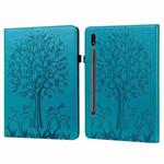 For Samsung Galaxy Tab S8 / Galaxy Tab S7 SM-T870 Tree & Deer Pattern Pressed Printing Horizontal Flip PU Leather Case with Holder & Card Slots(Blue)