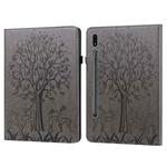 For Samsung Galaxy Tab S8 / Galaxy Tab S7 SM-T870 Tree & Deer Pattern Pressed Printing Horizontal Flip PU Leather Case with Holder & Card Slots(Grey)