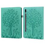 For Samsung Galaxy Tab S8 / Galaxy Tab S7 SM-T870 Tree & Deer Pattern Pressed Printing Horizontal Flip PU Leather Case with Holder & Card Slots(Green)