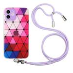 For iPhone 11 Hollow Diamond-shaped Squares Pattern TPU Precise Hole Phone Protective Case with Lanyard (Purple)