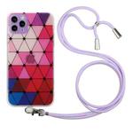 For iPhone 11 Pro Max Hollow Diamond-shaped Squares Pattern TPU Precise Hole Phone Protective Case with Lanyard (Purple)