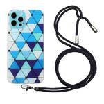 For iPhone 12 Pro Hollow Diamond-shaped Squares Pattern TPU Precise Hole Phone Protective Case with Lanyard(Blue)