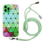 For iPhone 12 Pro Hollow Diamond-shaped Squares Pattern TPU Precise Hole Phone Protective Case with Lanyard(Green)