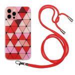 For iPhone 12 Pro Hollow Diamond-shaped Squares Pattern TPU Precise Hole Phone Protective Case with Lanyard(Red)