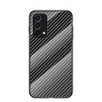 For OnePlus Nord N200 5G Gradient Carbon Fiber Texture TPU Border Tempered Glass Case(Black Fiber)