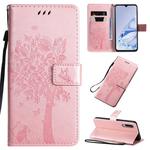 For Xiaomi Mi 9 Pro Tree & Cat Pattern Pressed Printing Horizontal Flip PU Leather Case with Holder & Card Slots & Wallet & Lanyard(Pink)